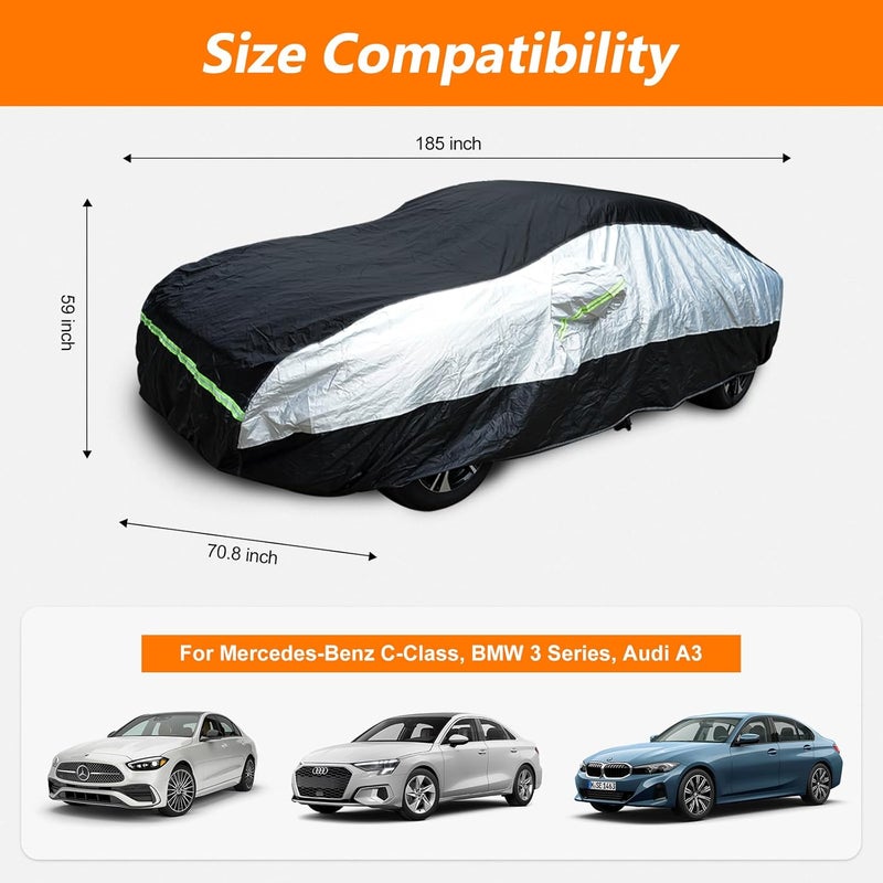 BIGACOVER Universal Sedan Car Cover Fit for Mercedes-Benz C-Class, BMW 3 Series, Audi A3,Waterproof All Weather Heavy Duty Anti-UV Windproof Snow Protection - 177''~185''(L) - Image 2